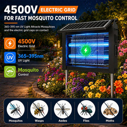 Solar Bug Zapper Outdoor – 4500V Electric Mosquito Killer with Dual Solar Panels & USB Charging, Auto On/Off Light Sensor, IPX4 Waterproof Insect Trap for Patio, Backyard, Garden & Camping