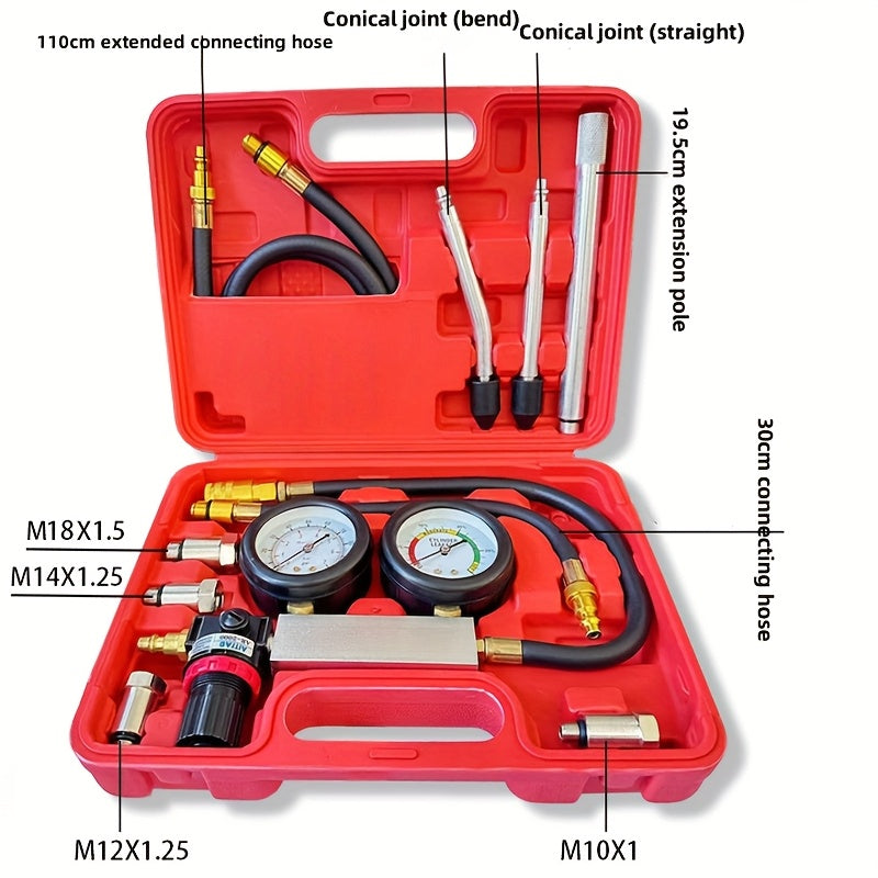 Automotive Kit for Testing Cylinder Leaks, Including a Gasoline Engine Compression Tester And a Dual Gauge Leakdown Detector Tool Set Designed for Pressure Checks And Leakage Rate Assessments on Vehicles Such As Cars, Motorcycles, And Trucks