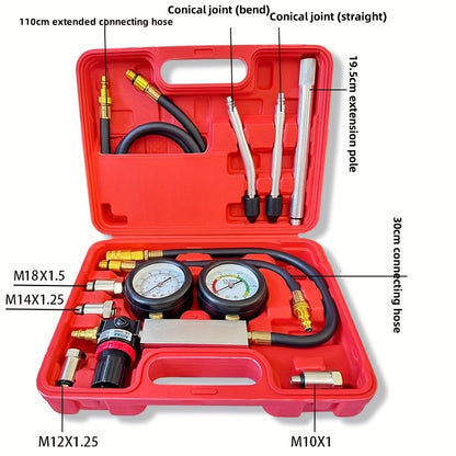 Automotive Kit for Testing Cylinder Leaks, Including a Gasoline Engine Compression Tester And a Dual Gauge Leakdown Detector Tool Set Designed for Pressure Checks And Leakage Rate Assessments on Vehicles Such As Cars, Motorcycles, And Trucks