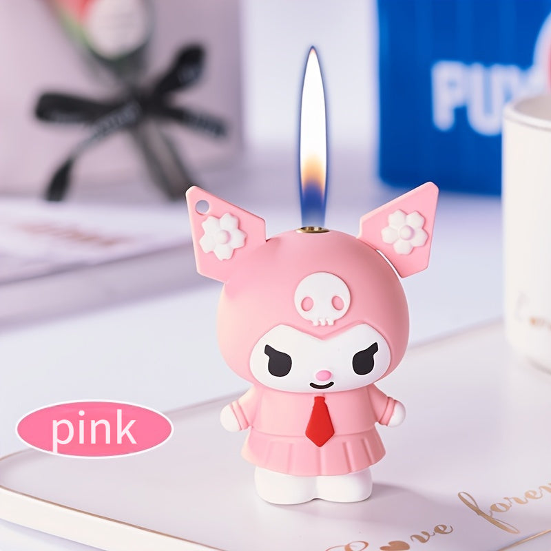 3D Kawaii Anime Figure Lighter with Chain, Cute Kuromi Sanrio Cartoon Open Flame Butane Lighter, Unique Kawaii Gift for Anime Fans, Available in 3 Colors – Black, Purple & Pink (No Butane Included)
