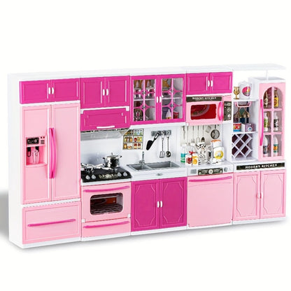Pink Kitchen Toy Set 64pcs with Lights & Sounds – Mini Furniture Doll Playset for Girls | Pretend Play Kitchen Accessories, Birthday & Christmas Gift for Toddlers & Kids Ages 3 4 5 6