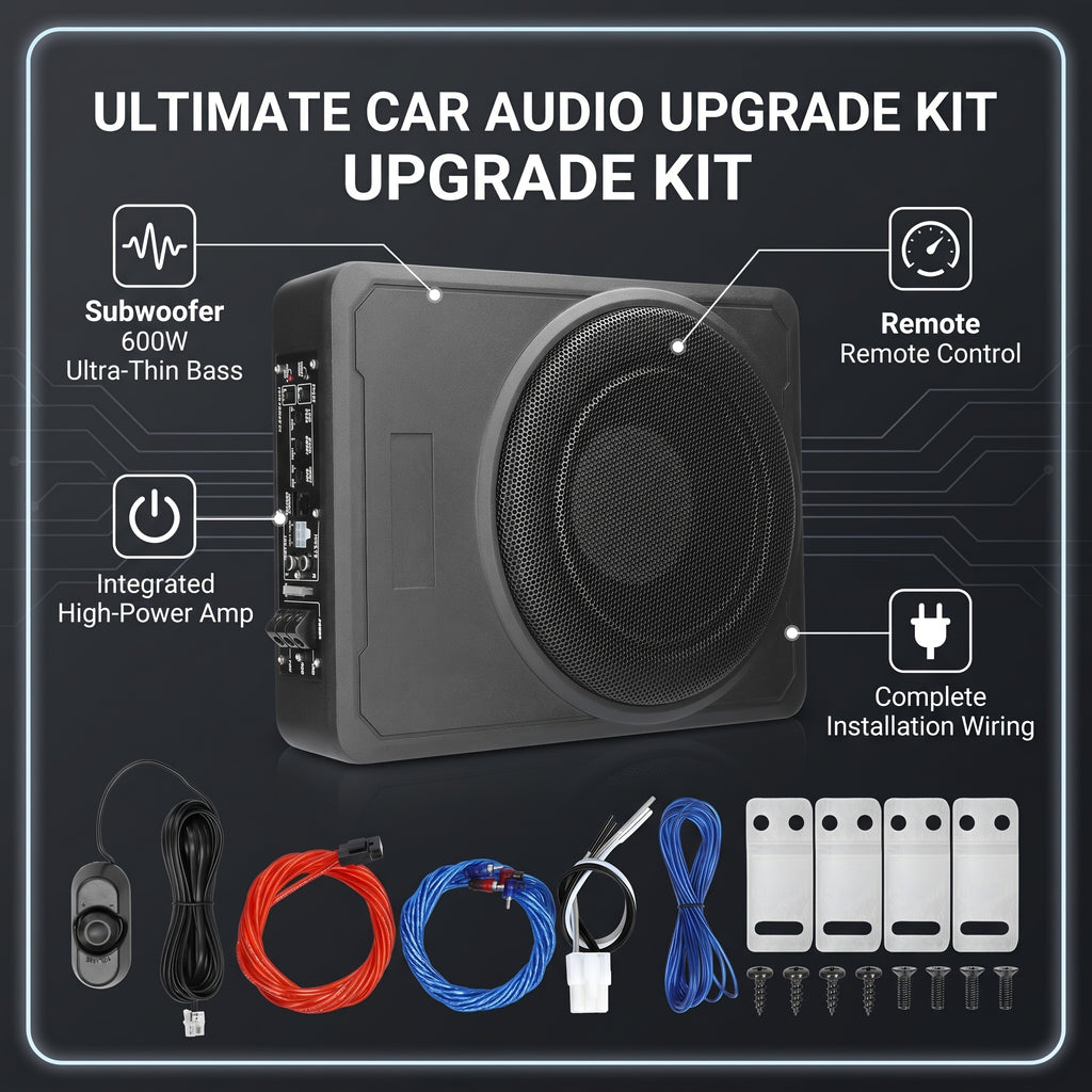 Option: 10-Inch 600W Car Subwoofer Or 4-Channel Car Amplifier. Car Audio Upgrade Kit 2-in-1 Choice, 10 Inch 600W Ultra-Thin Subwoofer Under-Seat Hidden Install, OR 4-Channel 4×55W Amplifier For Full-Range Sound Enhancement, Without Battery