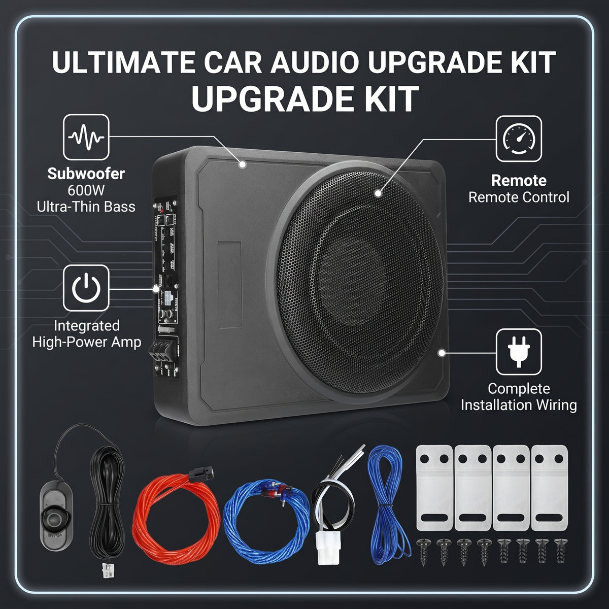 Option: 10-Inch 600W Car Subwoofer Or 4-Channel Car Amplifier. Car Audio Upgrade Kit 2-in-1 Choice, 10 Inch 600W Ultra-Thin Subwoofer Under-Seat Hidden Install, OR 4-Channel 4×55W Amplifier For Full-Range Sound Enhancement, Without Battery