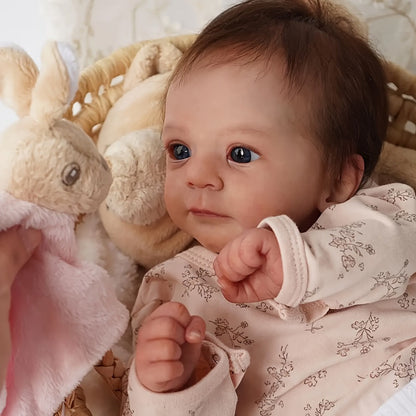 Pink Reborn Baby Doll 16 Inch 42CM Hand-Rooted Brown Hair Cloth Body – Hand-Painted Lifelike Newborn Girl Angie, Gift Set with Pacifier Feeding Container Birth Certificate for Kids Ages 3+ & Collectors