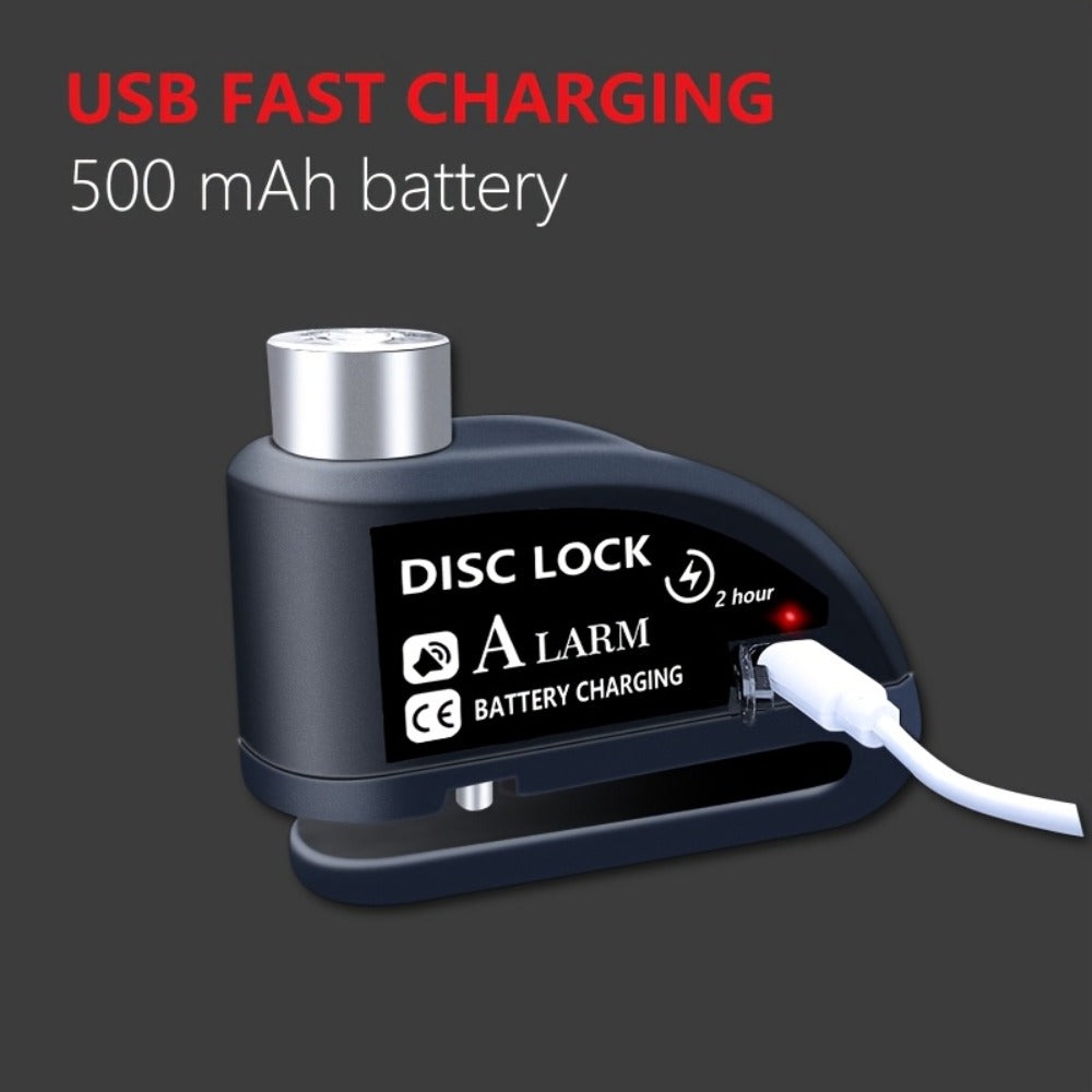 Motorcycle Disc Brake Lock with Alarm 110dB Anti-Theft Security Lock 500mAh Rechargeable USB Motorbike Wheel Lock with Reminder Rope and Lanyard