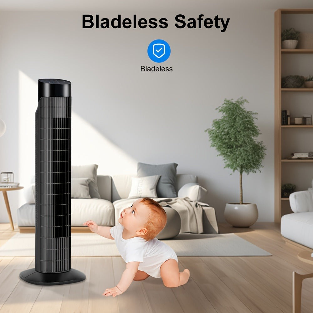 Tower Fan 31 Inch Bladeless | 80° Oscillating Standing Fan with Remote Control, 7.5H Timer & 3-Speed Settings, Quiet Cooling Fan for Bedroom, Living Room & Office – Black & White