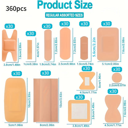 Adhesive Bandages 360pcs - Flexible Fabric Fingertip & Knuckle Bandages Set, Breathable Cloth Elastic First Aid Bandages in 12 Assorted Sizes, Spot Wound Care for Home, Office & Outdoor Emergency Kit