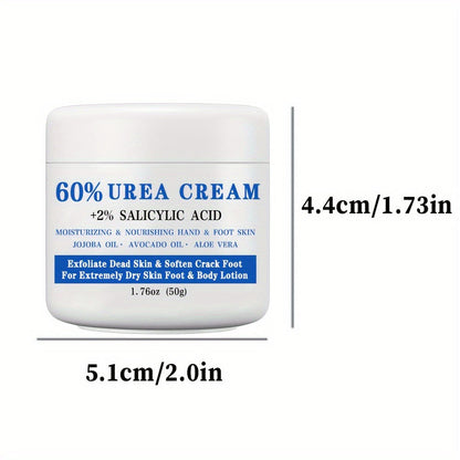 Urea Foot Cream 60% with 2% Salicylic Acid Deep Moisturizing Exfoliating Heel & Hand Lotion – Softens Dry Cracked Skin, Jojoba & Avocado Oil, Hypoallergenic 1.76oz