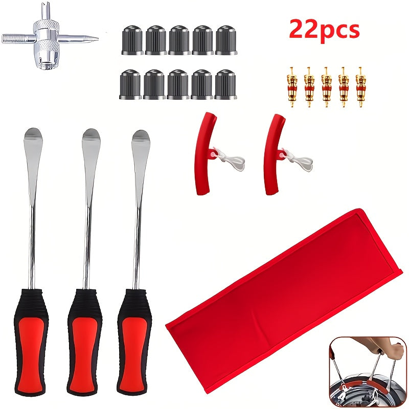 14.5in 19pcs/11.5in 22pcs Tire Spoons Iron Set, Steel Tire Changing Removal Tool for Dirt Bike Lawn Mower Motorcycle|Tire Spoon Lever|Rim Protector|Valve Tool|Valve Cores|Tire Valve Stem TR414&Caps