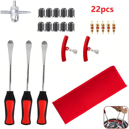14.5in 19pcs/11.5in 22pcs Tire Spoons Iron Set, Steel Tire Changing Removal Tool for Dirt Bike Lawn Mower Motorcycle|Tire Spoon Lever|Rim Protector|Valve Tool|Valve Cores|Tire Valve Stem TR414&Caps