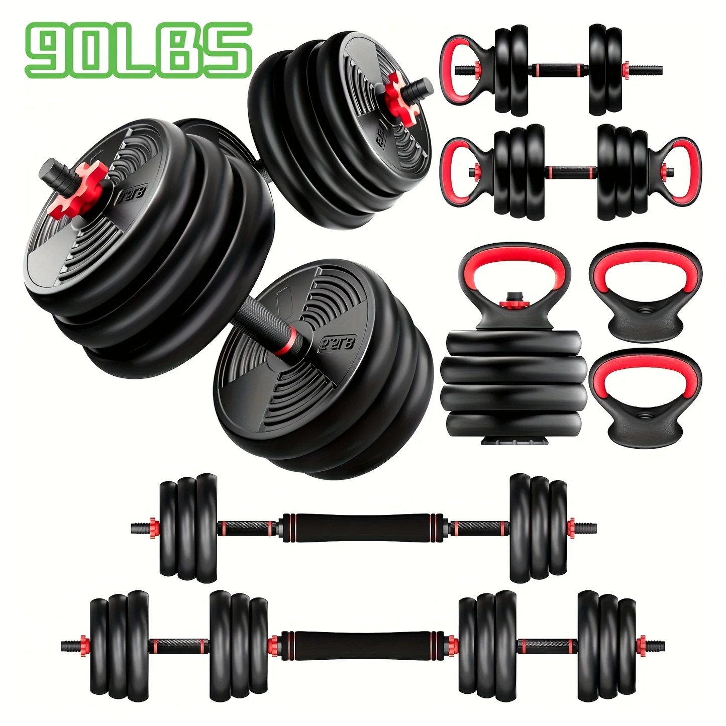 Free Weight Set 4-in-1 Adjustable Dumbbells 20–90LBS – Converts to Kettlebell, Barbell & Push-Up Stand, Double Nuts Non-Slip Bar for Home Gym Men Women