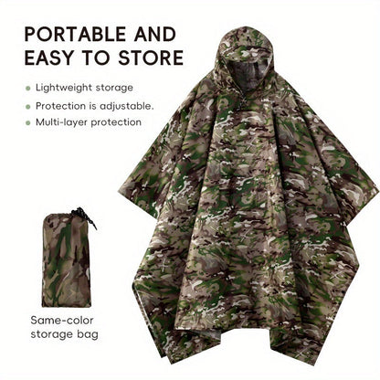 Waterproof Rain Poncho Digital Camouflage - Lightweight Polyester Raincoat for Hiking Camping Mountain Climbing Outdoor Sports, One Size Unisex Emergency Rain Jacket with Smooth Lining