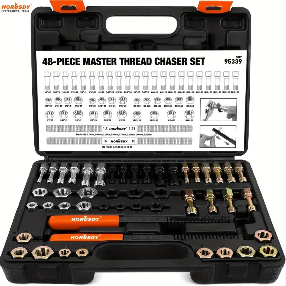 Thread Repair Kit 48-Piece – UNF UNC & Metric Tap and Die Rethreading Set, SAE & Metric Thread Chaser for Bolt & Nut Repair, Color-Coded with Storage Case