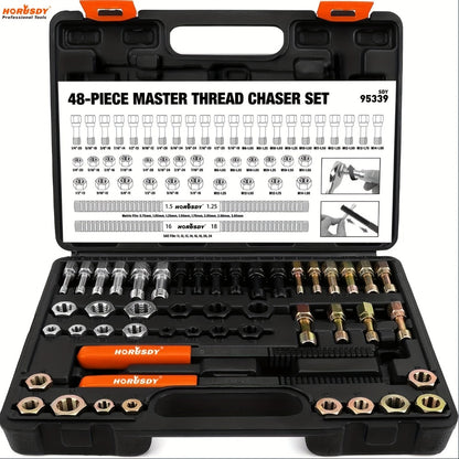 Thread Repair Kit 48-Piece – UNF UNC & Metric Tap and Die Rethreading Set, SAE & Metric Thread Chaser for Bolt & Nut Repair, Color-Coded with Storage Case