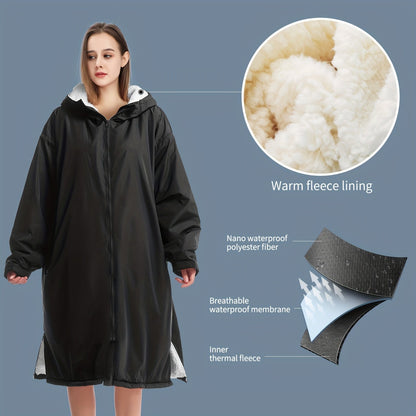 Changing Robe Fleece Lined Hooded – Long Sleeve Windproof Warm Surf Poncho for Swimming, Surfing, Diving, Camping & Hiking – 43.3x31.5in, 4 Colors: Navy, Black, Red, Blue