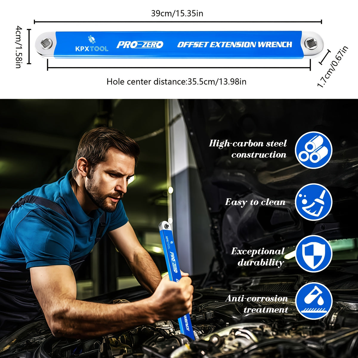 2-in-1 Multi-Function Ratchet Offset Extension Wrench | With 1/2", 1/4" and 3/8" Square Head Adapters, 180 Degree Swivel, High Torque, Non-Slip Handle, Durable Metal, Automotive Repair Hand Tools