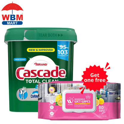 Cascade Total Clean Shine Boost ActionPacs Dishwasher Detergent 92 Count Fresh Scent 9-in-1 Cleaning No Pre-Wash Needed Removes Dried-On Food Prevents Spots Works in All Dishwashers with Wet Wipes