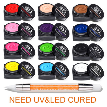 Nail Sculpting Gel Kit 3D 4D 12 Colors with Carving Pen — Firm Non-Sticky Soak-Off Sculpture Gel for Flowers, Leaves, Geometric Designs & Nail Extensions | UV LED DIY & Salon Nail Art for Women