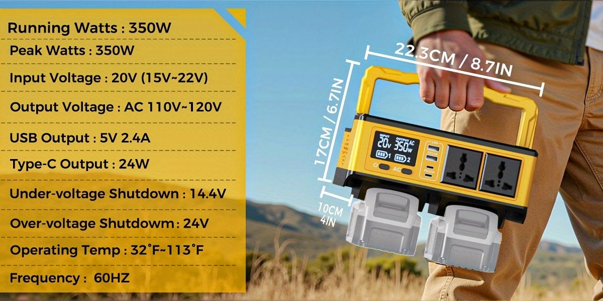 Ecarke 350W Power Inverter (Compatible with Dewalt 20V Batteries, Battery Not Included) - Ecarke Portable, 2AC+2USB-A+2USB-C Ports, 500LM LED (SOS) And RGB Light, DC 20V to AC 110V