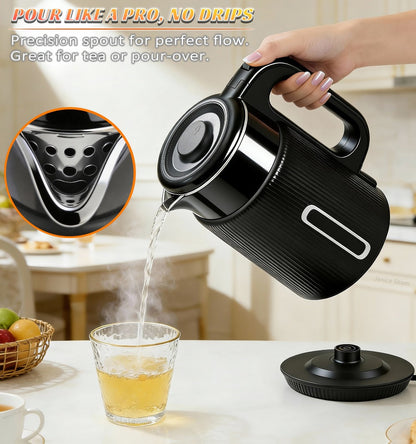 Electric Kettle 1000W Double Wall Stainless Steel – 57.48oz 304 SS Hot Water Kettle with 360° Rotary Base, LED Light, Auto Shut-Off & Boil-Dry Protection, Instant Water Warmer for Coffee & Tea – Black