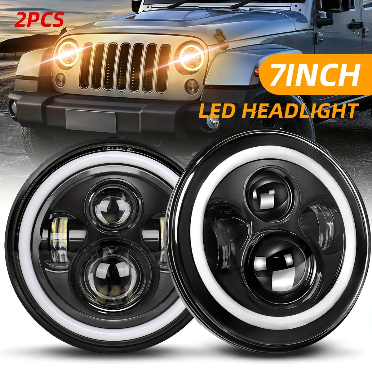 2pcs 7 Inch Round LED Headlight with Clourful Drl And Amber/Blue/Green/Red/Pink Turn Signal, High/low Beam Approved for JEEP for Wrangler JK TJ CJ