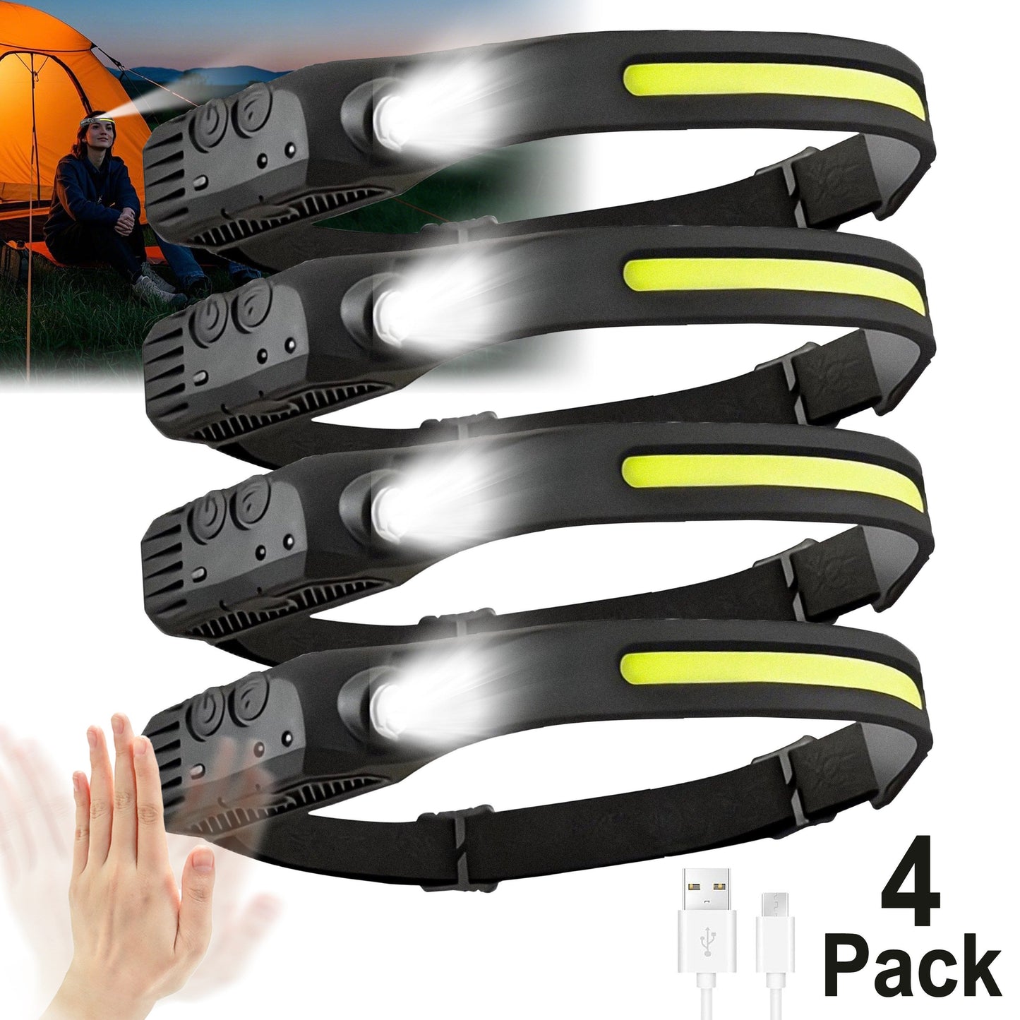 Motion Sensor Headlamp 4-Pack – USB Rechargeable LED