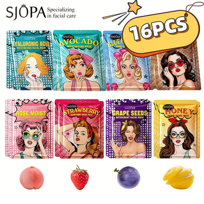 Goddess Hydrating Face Mask Sheet 16pcs Fruit & Honey Essence – Deep Moisturizing Long-Lasting Hydration for Dry Skin Women, Autumn Winter Skincare Gift