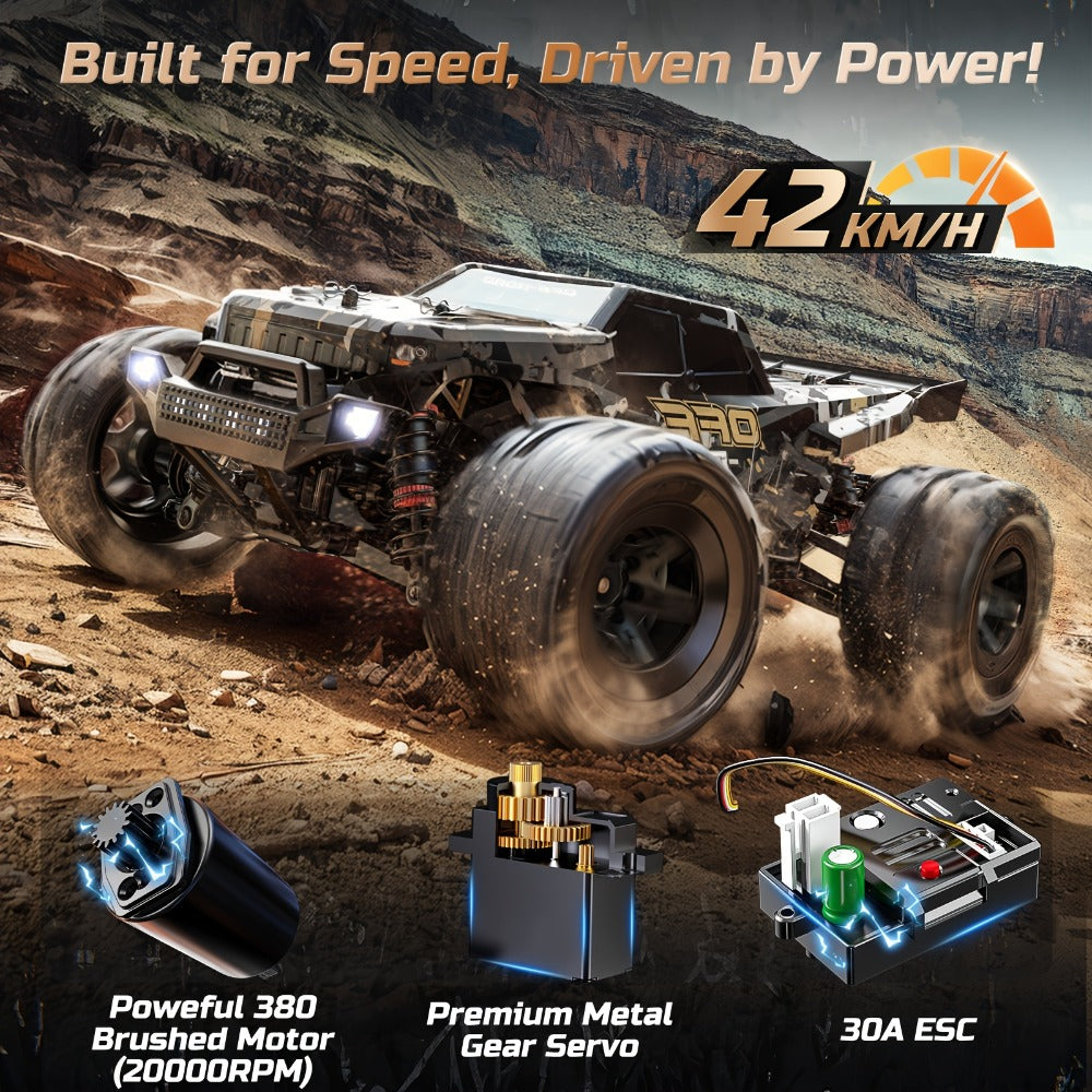 DEERC All-Metal 42KM/H RC Truck 1/16 Scale 4WD Off-Road Monster Truck Dual 1500mAh Batteries 40-Min Runtime LED Headlights Wheelie Bar – High Speed Remote Control Car for Adults Hobbyists Black
