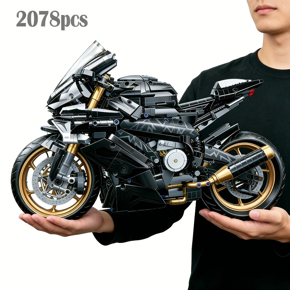 Motorcycle Building Blocks Model Kit 1:5 Scale 2000+ Pieces – Platinum Gold & White Collectible Brick Motorbike Display Set, Unique Gift for Men Adults Collectors Birthday Christmas (Premium Edition)