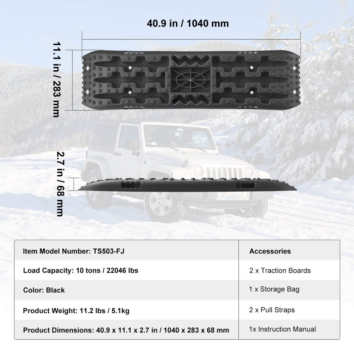 Traction Boards 2-Pack – 10-Ton Off-Road Vehicle Recovery Boards for Mud, Sand & Snow, High-Strength PP with Pull Straps & Storage Bag for SUV, Truck & RV