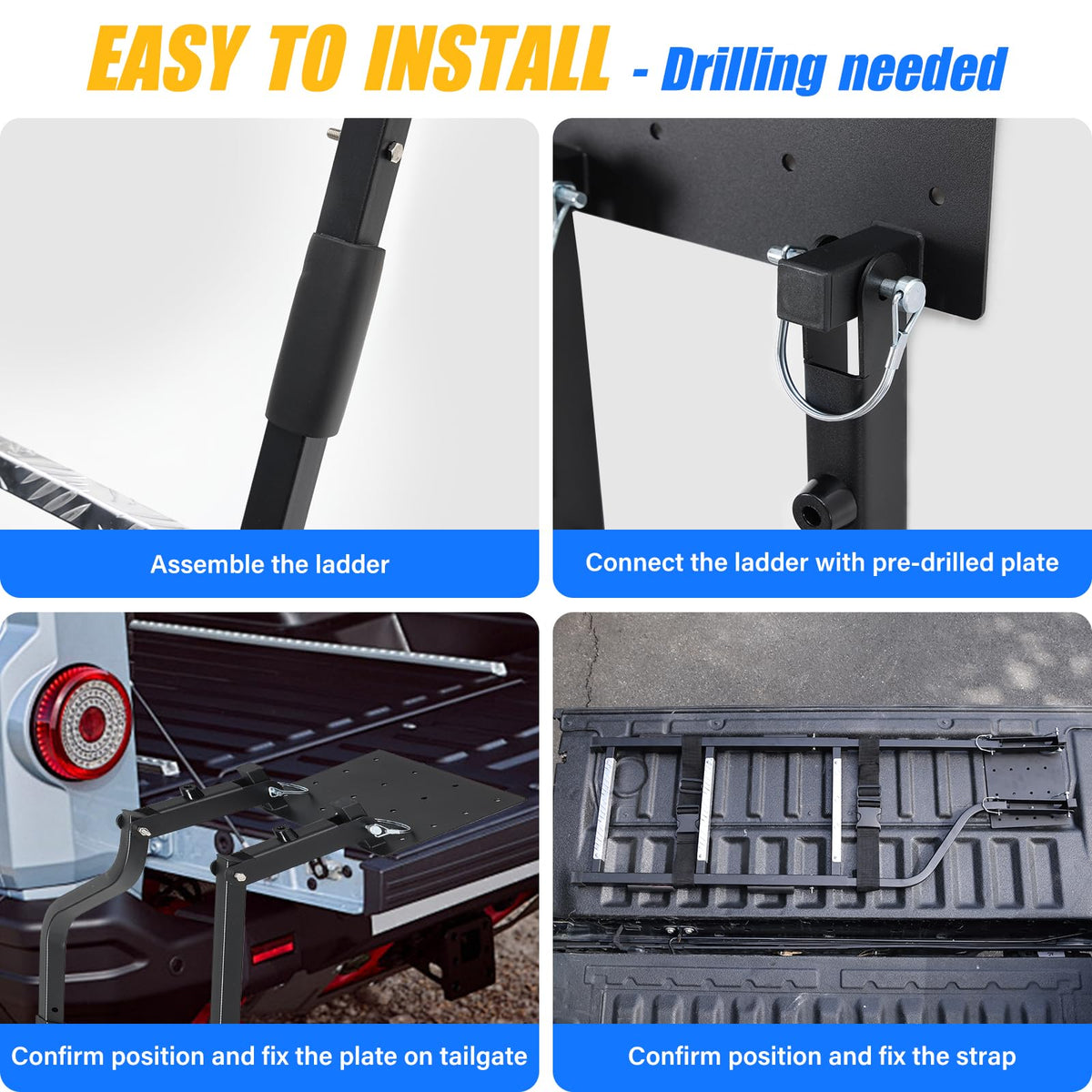 Heavy-Duty Foldable Rear Ladder for Pickup Trucks with Anti-Slip Steps, Adjustable Height, And Universal Fit for Ram, for Ford, Chevy, And for GMC. Easy to Install with Four Screw Options.
