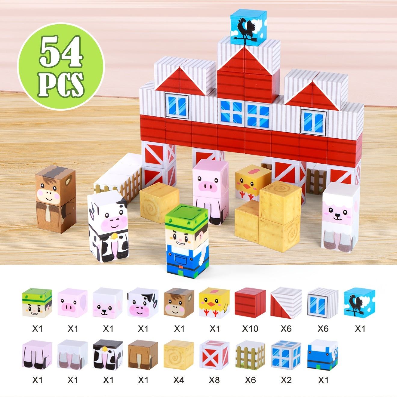 Farm Animal Magnetic Blocks 54pcs STEM Educational Toy – Farm Theme Magnetic Cubes with Animals & Farmer, Creative Learning Building Set, Birthday Easter Christmas Gift for Kids