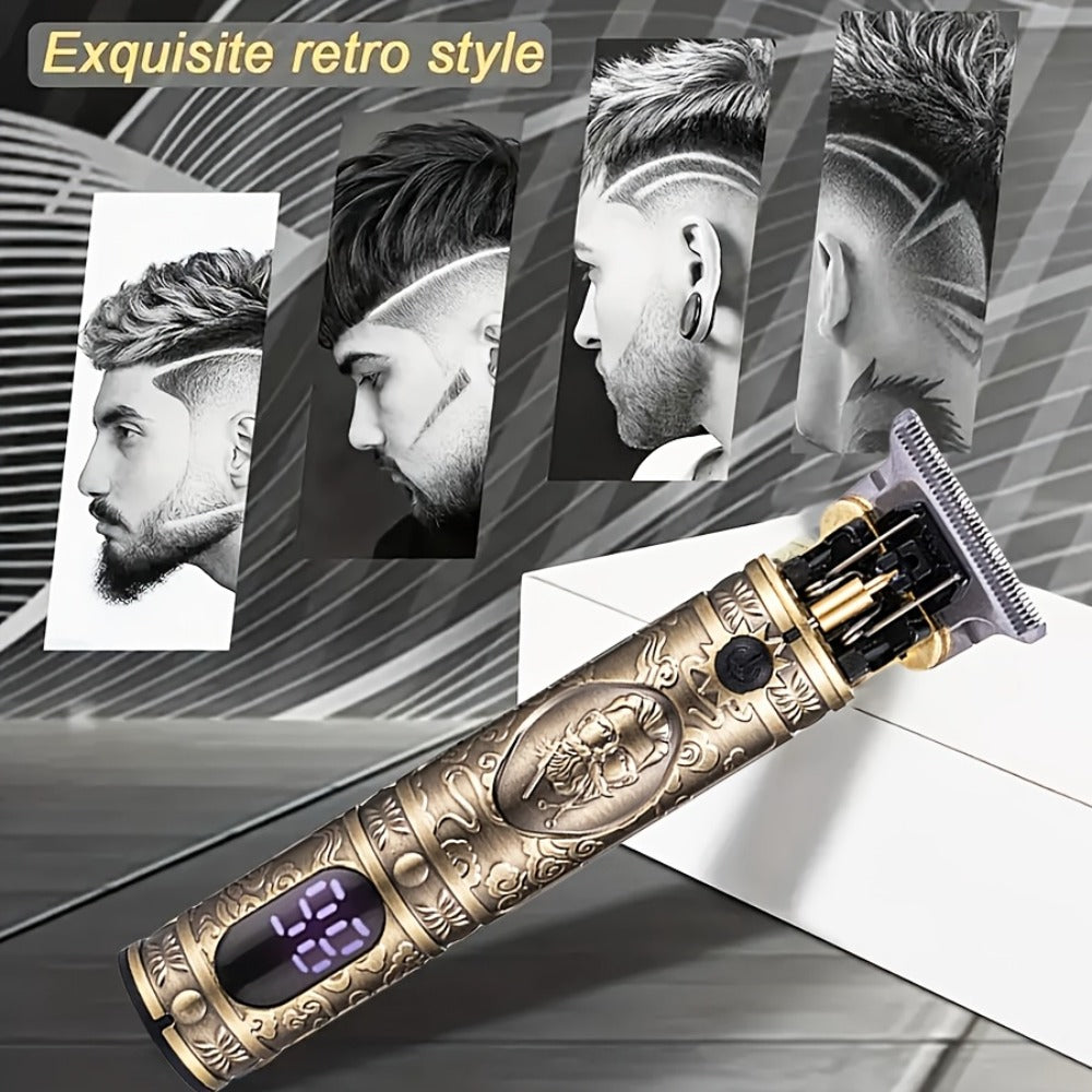 Retro T-Blade Wireless Hair Clipper for Men — Vintage Design Electric Trimmer Set with LED Display USB Charging Multiple Accessories, T9 T10 Models Bronze Gold Black, Grooming Gift for Him