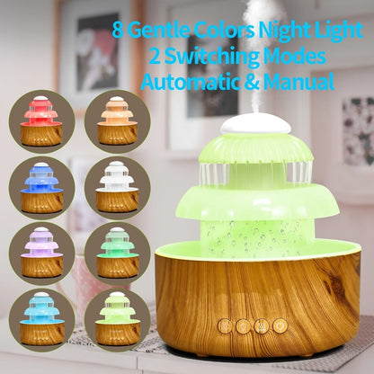 Cool Mist Humidifier with Raining Sound & 8-Color Night Light – 10-Hour Runtime, Essential Oil Diffuser, Air Humidifier for Bedroom, Home & Office, White Noise Sleep Aid, Ambient Mood Light, White