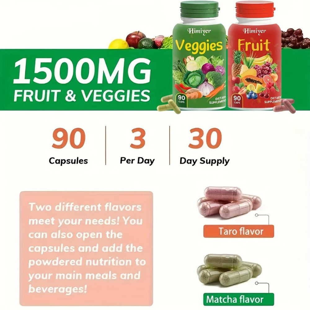 Superfood Capsules Fruits & Vegetables — 90 Fruit + 90 Veggie Capsules per Set | Whole-Food Daily Nutrition with Phytonutrients & Antioxidants for Women, Men & Teens | Natural Flavor