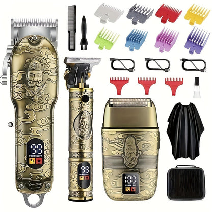 Professional Hair Clippers Trimmer Set for Men - T-Blade Trimmer Nose Hair Trimmer Electric Razor LCD Display USB Rechargeable Zinc Alloy Ergonomic Grooming Kit Bronze