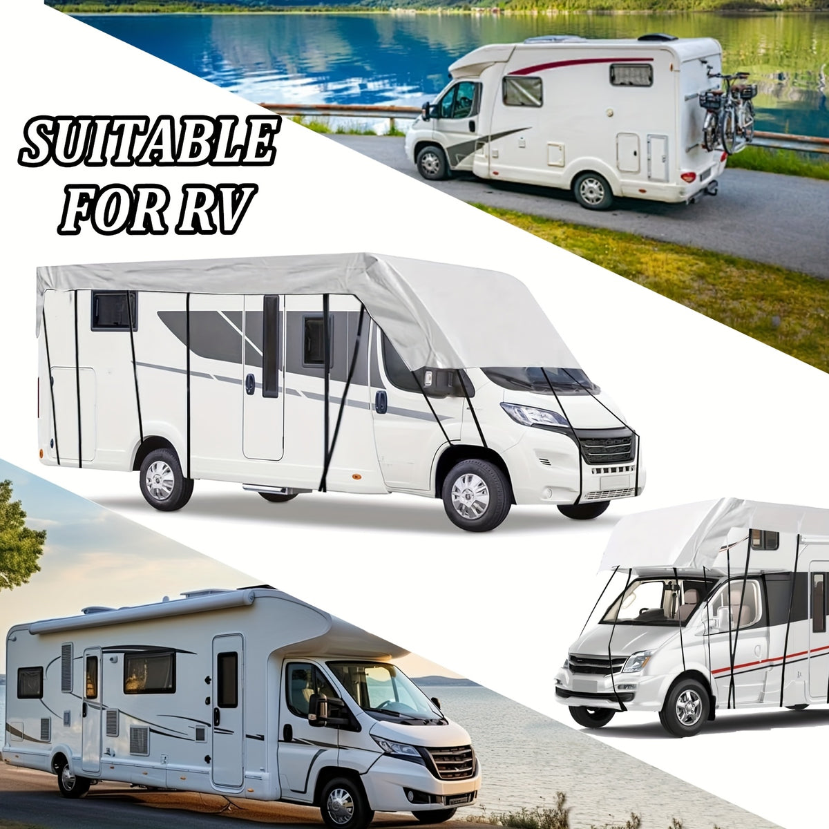 Cover for Rvs That Can Be Towed, Designed The Roofs of Motorhomes And Caravans, Resistant to Pollen, Water, And Sunlight, Featuring Adjustable Straps And Hooks, And Includes a Storage Bag (Available in Black And Silver)