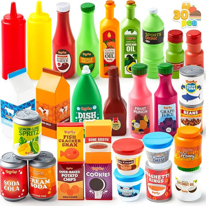 30 Pcs Play Food Grocery Cans Set - Pretend Kitchen Toy with Drinks, Juice, Snacks & Yogurt, BPA-Free Safe, Easter Basket Stuffer, Party Favor Gift for Boys Girls Ages 3+