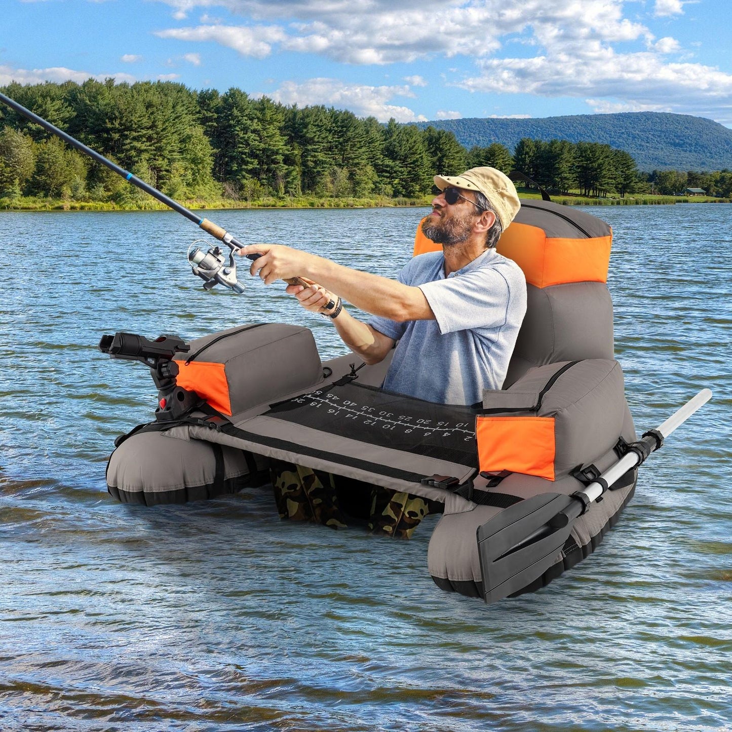 Inflatable Fishing Float Tube 350 LBS – Portable Belly Boat with Aluminum Paddle, Fish Ruler & Rod Holder | 600D PVC Backpack Float Tube for Lake, River & Sea Angling | Inflates in 15 Min, 13.5 LBS