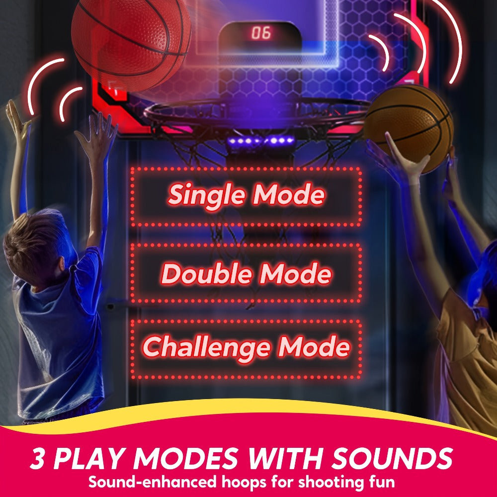 Indoor Basketball Hoop for Kids Over the Door – Light Up LED Scoreboard 4 Balls Air Pump 3 Game Modes 7 Light Shows, Active Sport Toy Gift for Boys Girls Ages 3 to 14 (Red)