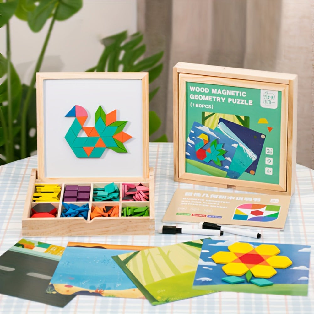 Magnetic Wooden Puzzle Board for Kids – 128/180/220/280 PCS Geometric Shape Recognition & Logical Thinking Toy, STEM Montessori Educational Gift for Boys & Girls Ages 3 4 5 6 7 8