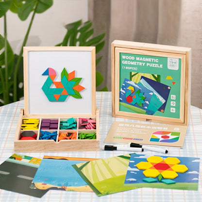 Magnetic Wooden Puzzle Board for Kids – 128/180/220/280 PCS Geometric Shape Recognition & Logical Thinking Toy, STEM Montessori Educational Gift for Boys & Girls Ages 3 4 5 6 7 8