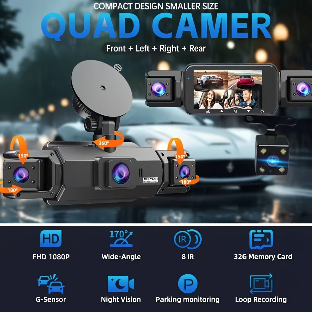 360 ° 3/4-channel 1080P High-definition Ultimate Safety Driving Recorder Set, Dash Camera for Cars, Night Vision, Loop Recording - Car, 24/7 Recording Parking Mode Monitor, WDR, G-Sensor, Optional 32GB Card