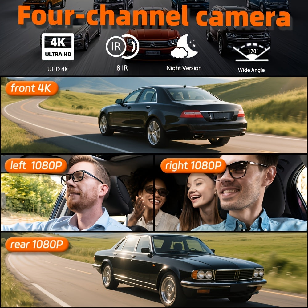 4K Car DVR 360° Rotary Driving Recorder | No Memory Card/Free 32GB Memory Card | Night Vision | 4-channel Car Camera Front 4K | Back Left Right 3 Cameras Are 1080P Recording | 24-hour Cycle Recording And Parking Monitoring, Rearview Camera