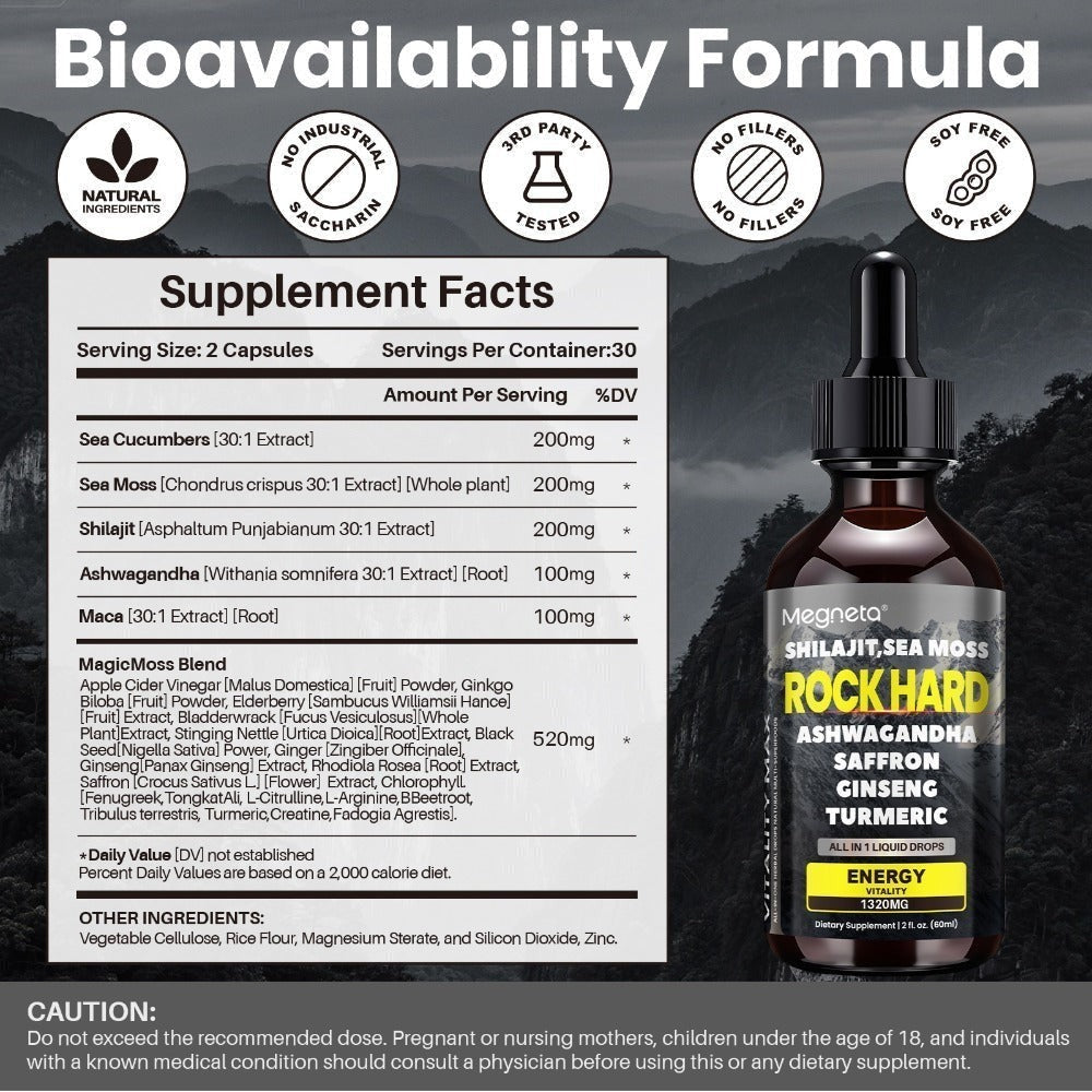 Maca Root Pills with Shilajit Drops for Men – Premium Adaptogen Supplement with Ashwagandha, Sea Moss, Elderberry, Ginger & Saffron | All-in-1 Men's Health Formula | 1 Month Supply | Plant-Based