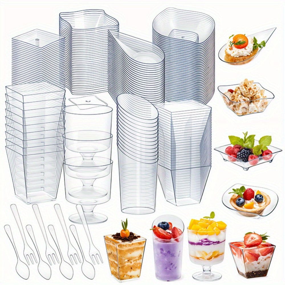 Disposable Tableware Set 400pcs Clear Dessert Plates Cups Forks Spoons Party Supplies for Festival Birthday Wedding Home Includes 100 Each Plates Cups Forks Spoons