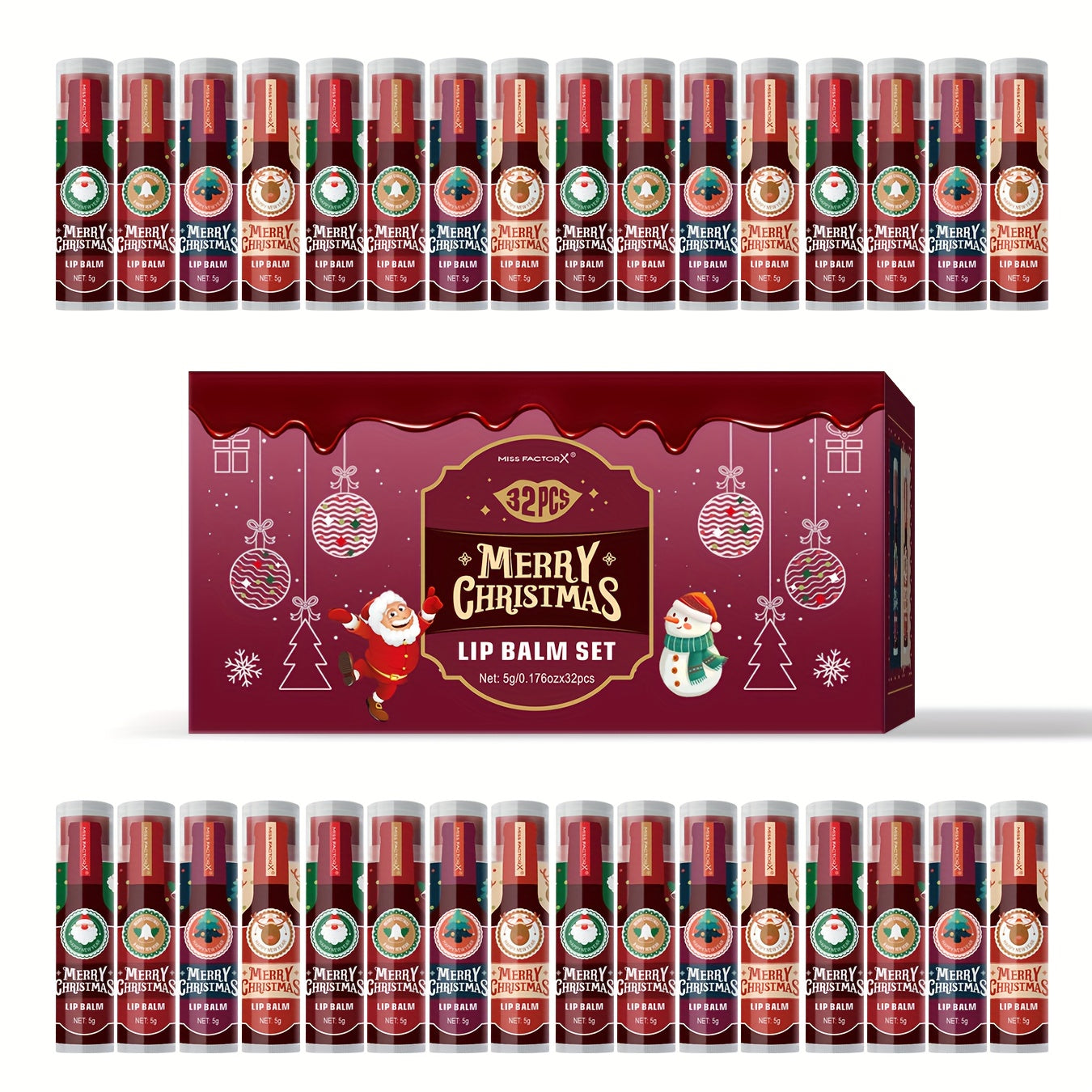 Christmas Lip Gloss & Balm Set 32 Pcs — MISS FACTOR Holiday Gift, Long-Lasting Hydrating Smudge-Proof Formula, Lipstick-Like Tubes, Festive Stocking Stuffer for Women Girls & Beauty Lovers