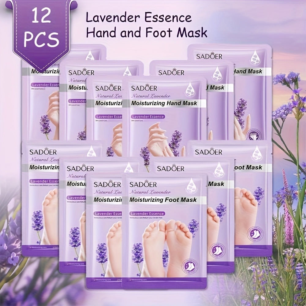 Hand and Foot Mask Set 12pcs Lavender Moisturizing — Deep Hydrating Gloves & Socks for Dry Cracked Skin, Non-Greasy Moisture Essence Treatment, Perfect Spa Gift for Women & Mom