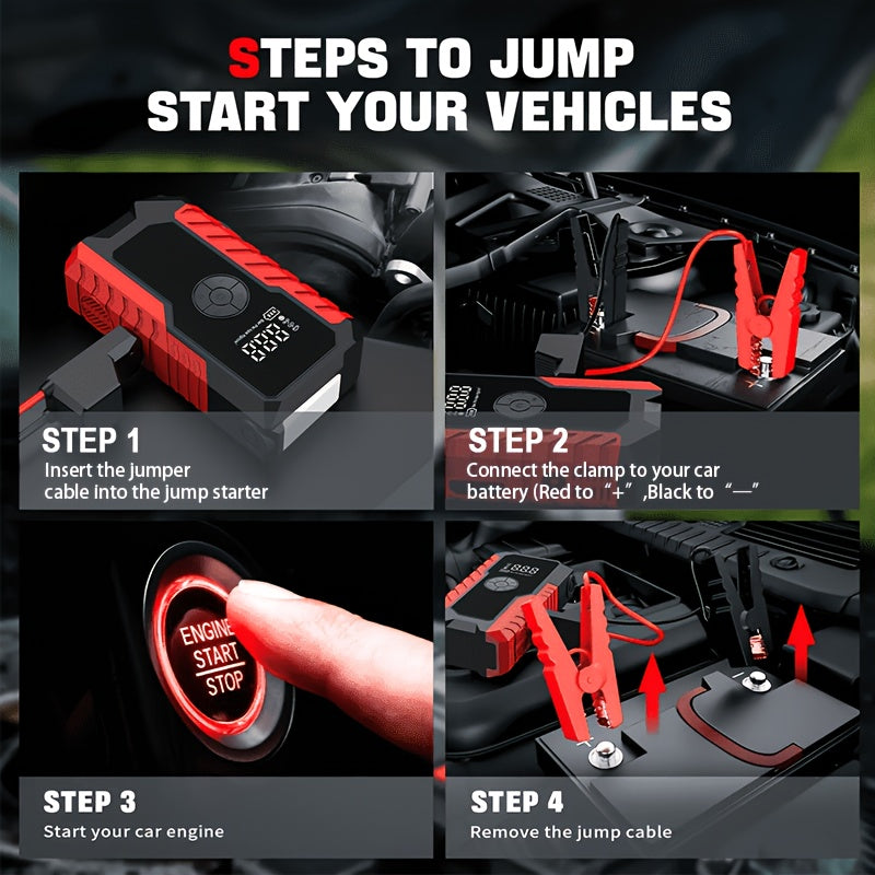 10000A 7-In-1 Multifunctional Emergency Jump Starter with 150PSI Air Pump, Digital Tire Inflator, Portable Car Battery Charger, Up to 2.64gal Gas/2.38gal Diesel, LED Emergency Light & USB Charging, Car Emergency Tool. Suitable As a Holiday Gift
