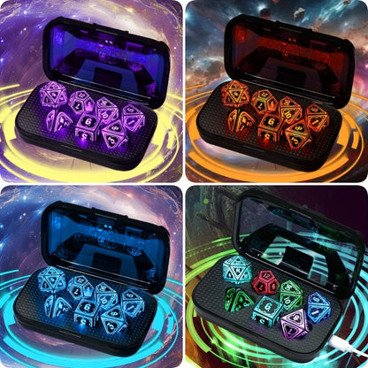 Glowing DnD Dice Set with Wireless Rechargeable Charging Case – 7-Piece LED Light Up Polyhedral Dice D4 D6 D8 D10 D12 D20 for Dungeons & Dragons, Pathfinder & Tabletop RPG, 6-Hour Battery, Mixed Blue Purple, Unique Gamer Gift
